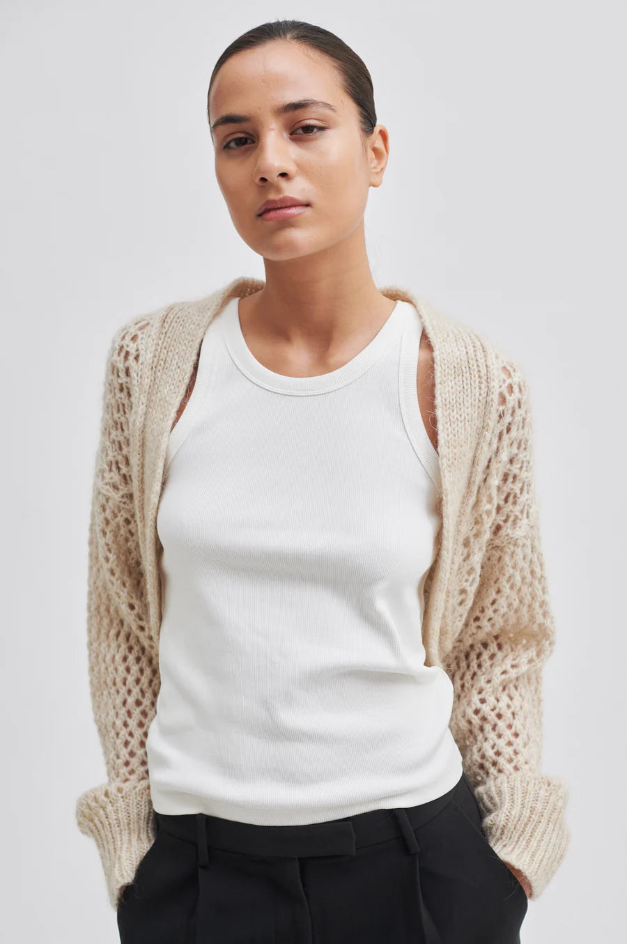 Beige open knit bolero