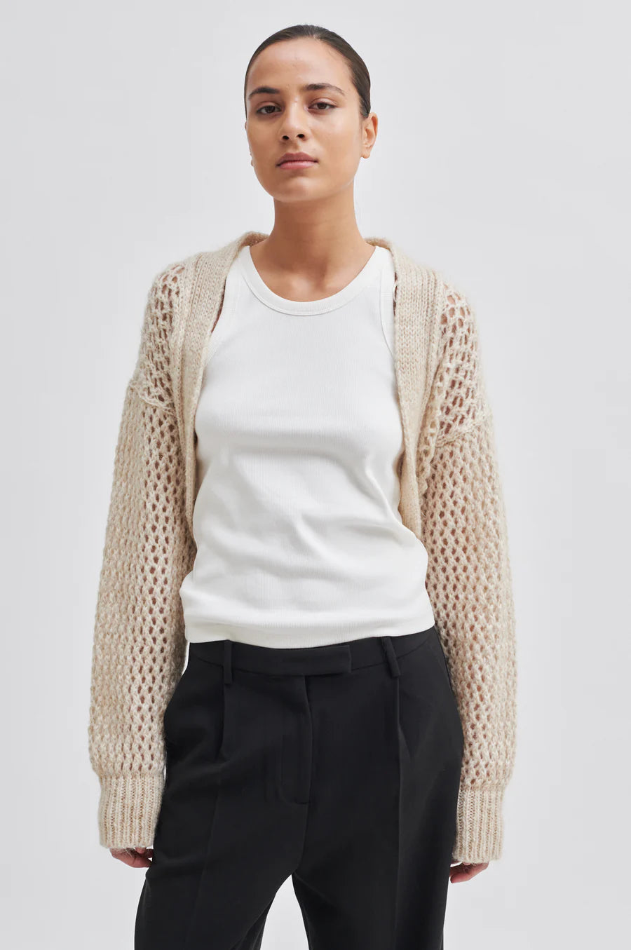 Beige open knit bolero