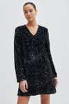 Black sequin shift dress with a v neck and long sleeves
