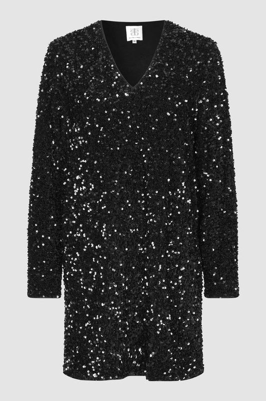 Black sequin shift dress with a v neck and long sleeves