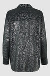 Grey sequin blouse with long sleeves and V neck with classic collar