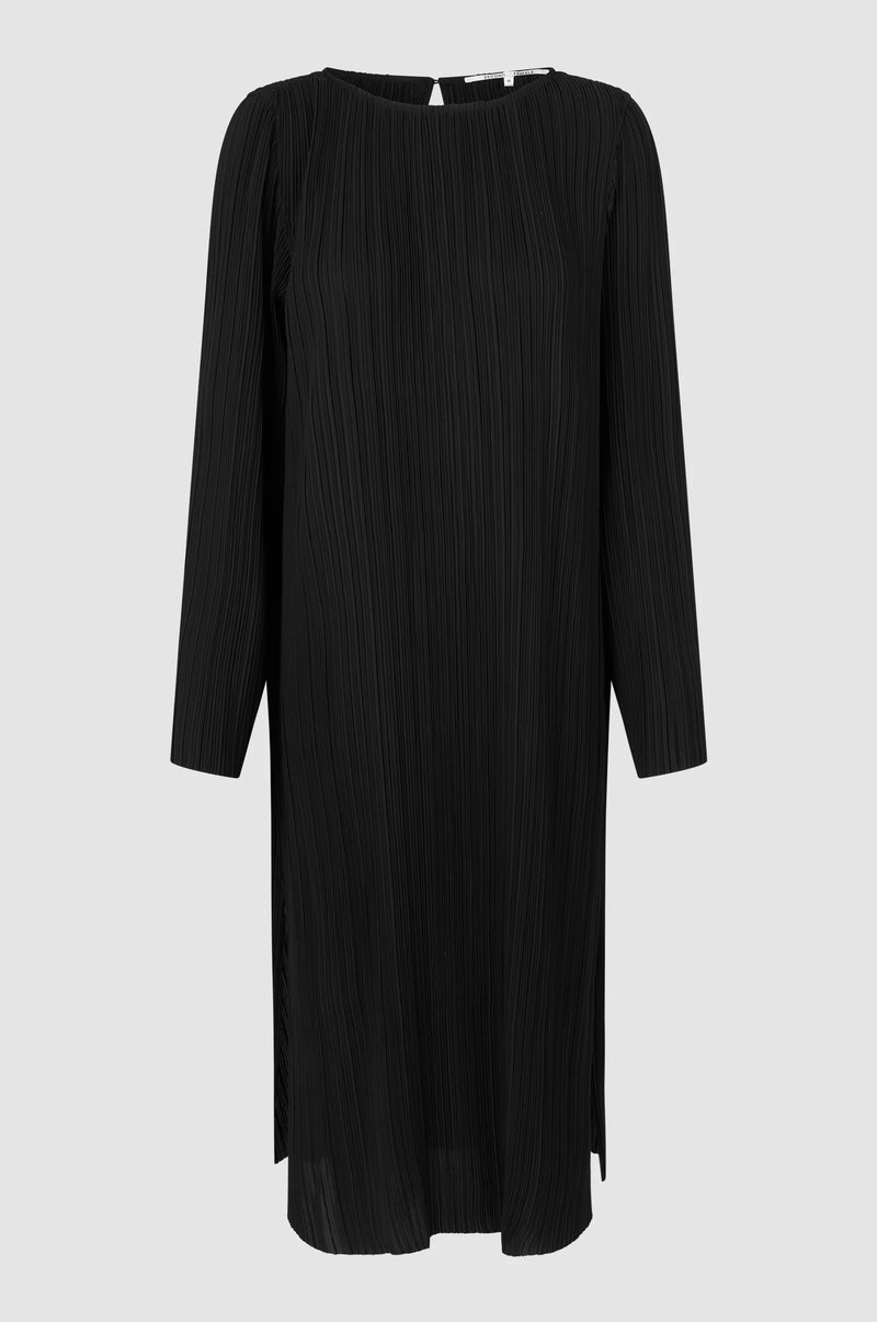 Black micro pleated round neck dress with long sleeves and side splits at the hem