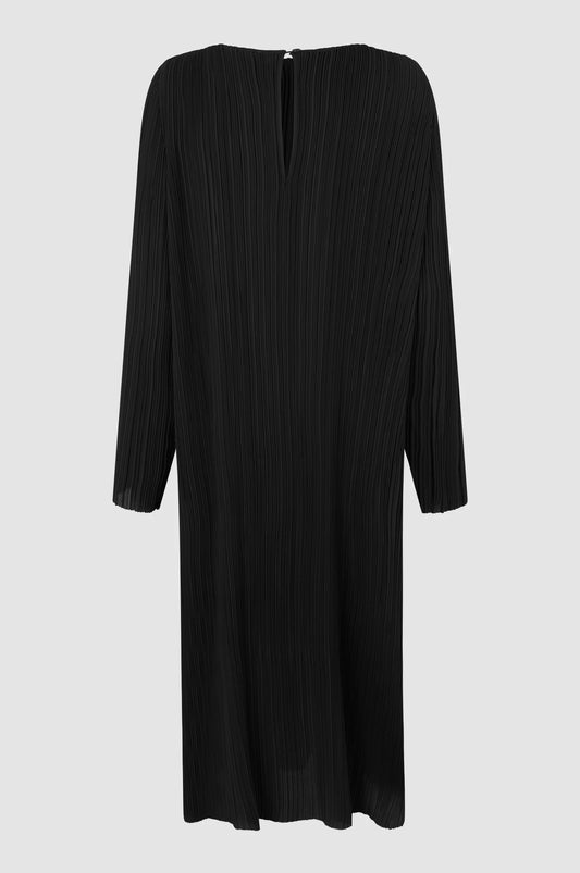 Black micro pleated round neck dress with long sleeves and side splits at the hem