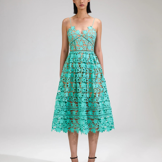 Aqua lace strappy dress with caramel visible lining