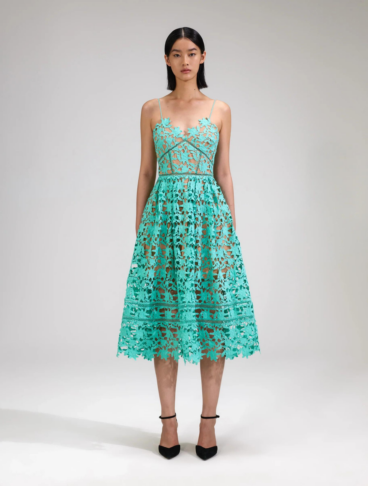 Aqua lace strappy dress with caramel visible lining
