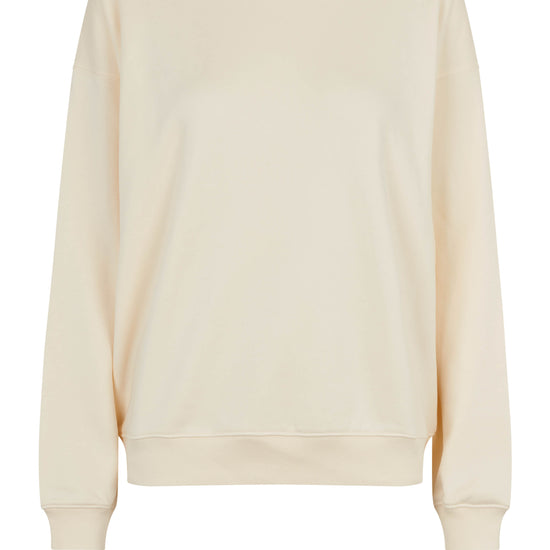 Cream coloured crew neck sweatshirt with ribbed cuffs and hem