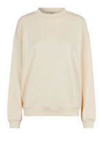 Cream coloured crew neck sweatshirt with ribbed cuffs and hem