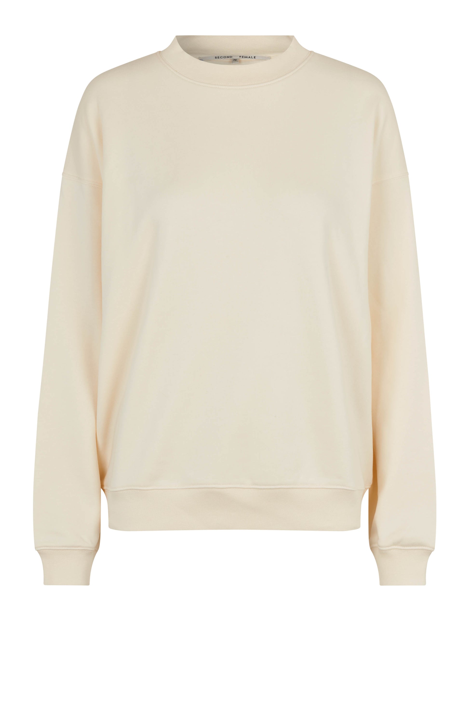 Cream coloured crew neck sweatshirt with ribbed cuffs and hem