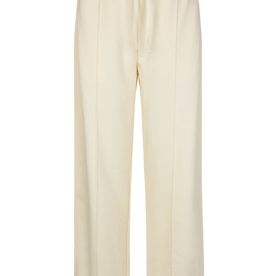 Straight leg cream joggers with side seam pockets and elasticated waistband with drawstring tie