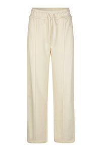 Straight leg cream joggers with side seam pockets and elasticated waistband with drawstring tie