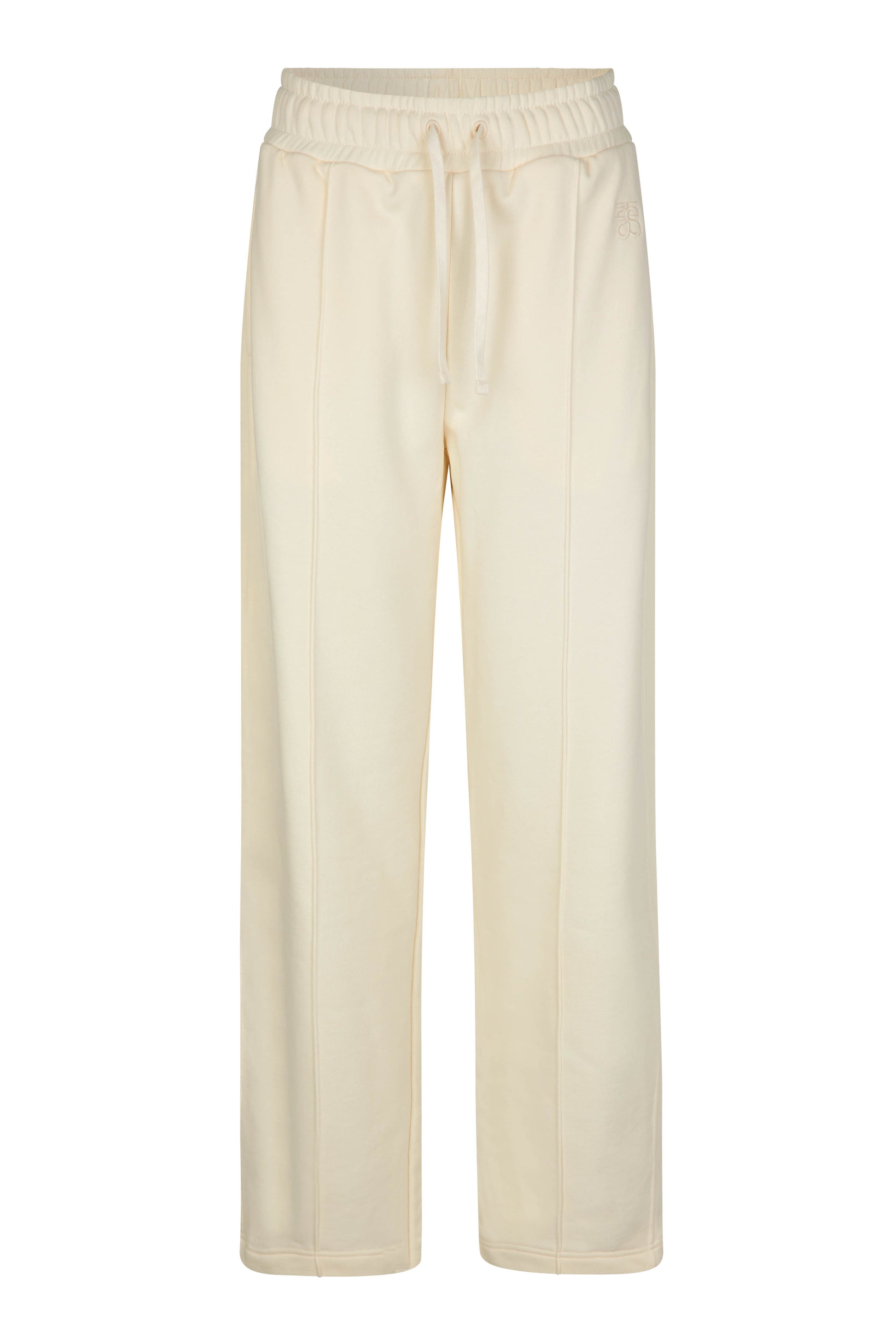 Straight leg cream joggers with side seam pockets and elasticated waistband with drawstring tie