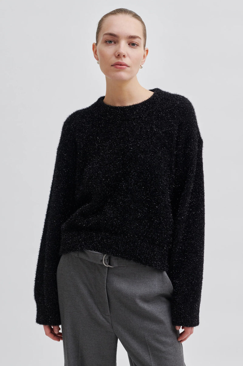 Black sparkly oversized jumper with ribbed neck and cuffs and dropped shoulders