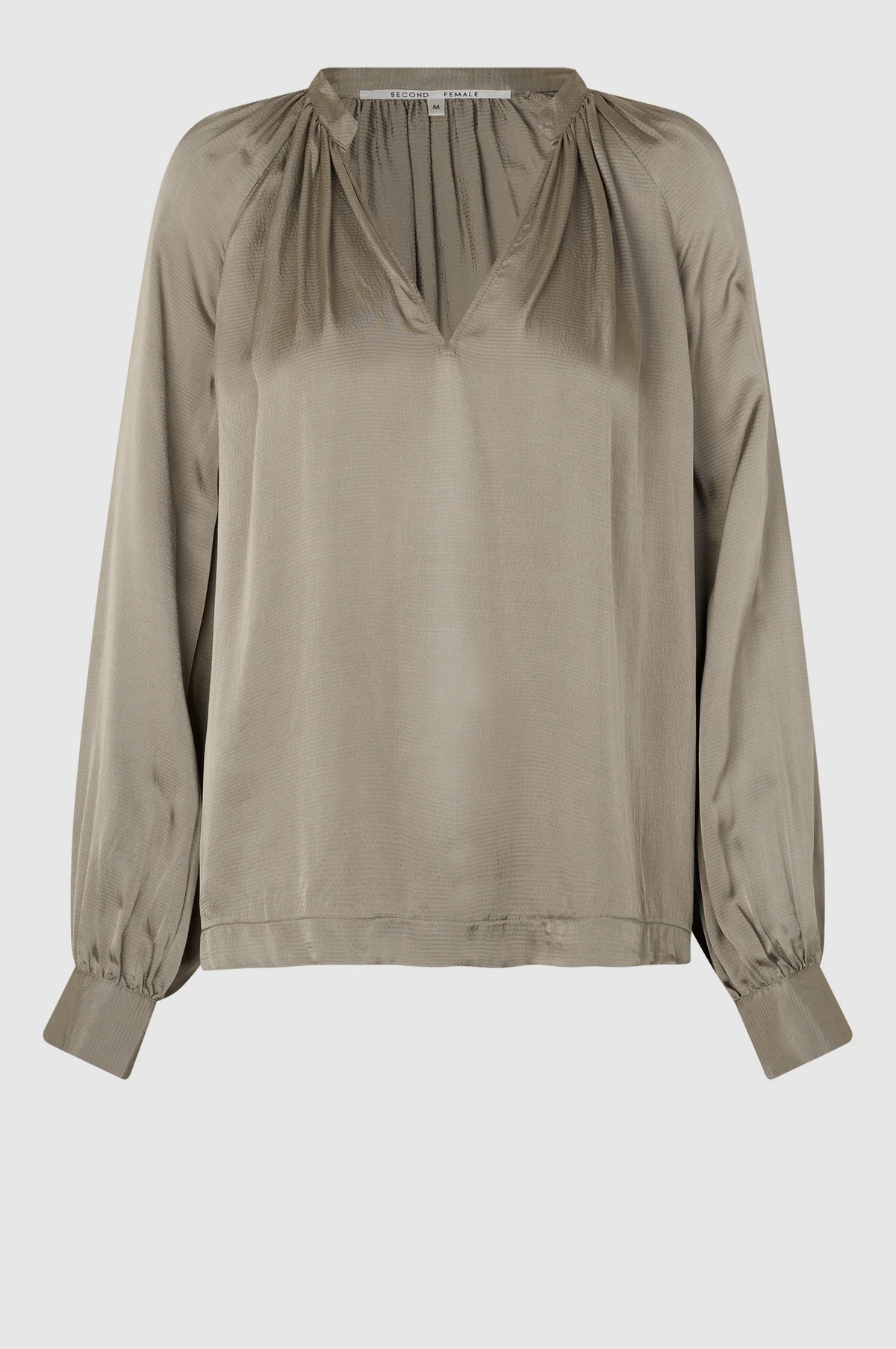 Taupe textured satin pull on top with long sleeves and gathered notch neck
