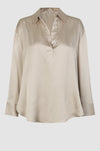 Satin ivory notch neck pull on top with long sleeves and a classic collar