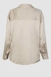 Satin ivory notch neck pull on top with long sleeves and a classic collar
