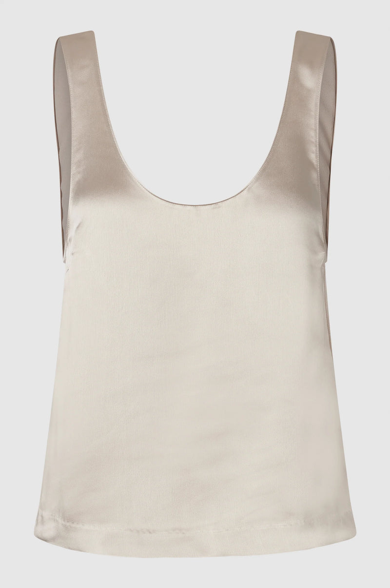 Champagne gold low scoop neck satin tank top with scoop back