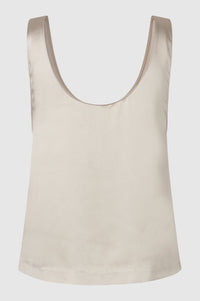 Champagne gold low scoop neck satin tank top with scoop back