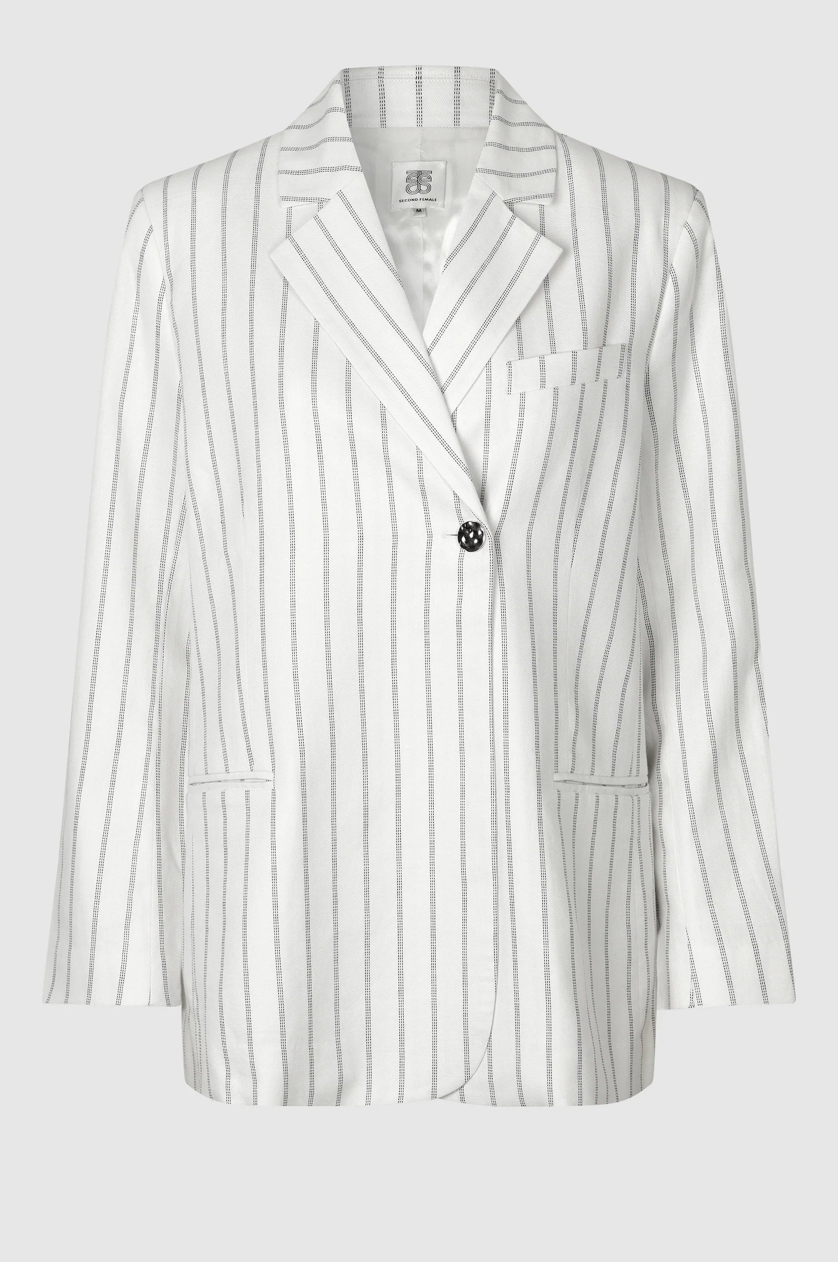 Off white single breasted blazer with generous overlap long sleeves and single silver button fastening with contrast stripe