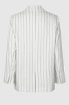 Off white single breasted blazer with generous overlap long sleeves and single silver button fastening with contrast stripe