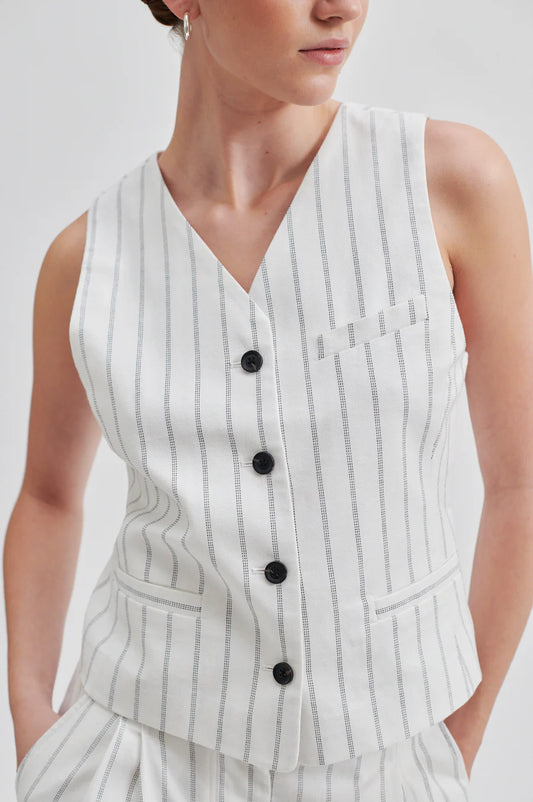 Off white V neck waistcoat with pinstripe and contrast black buttons