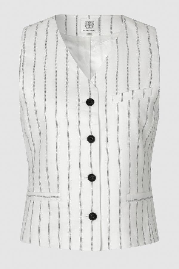 Off white V neck waistcoat with pinstripe and contrast black buttons