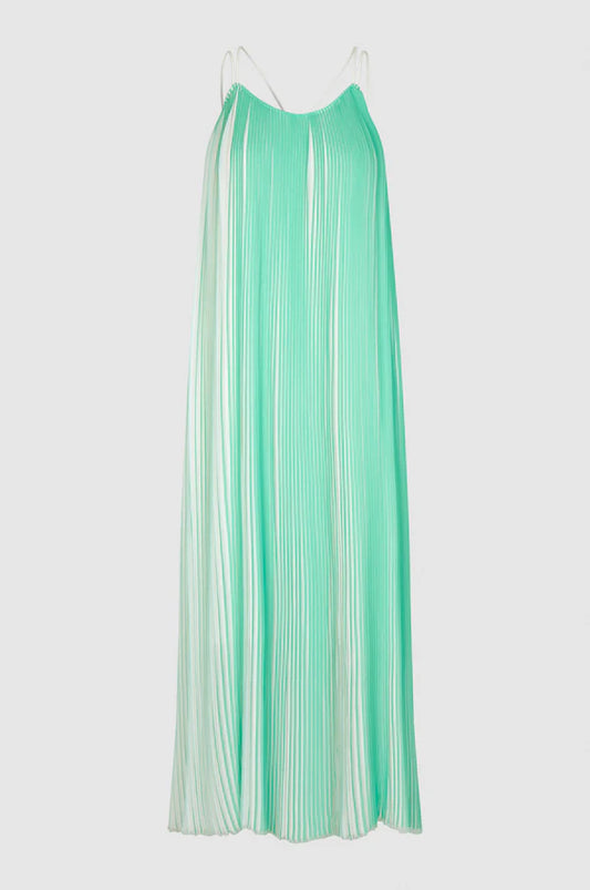 Green and white plisse swing dress with thin double white straps that cross over at the back long midi length