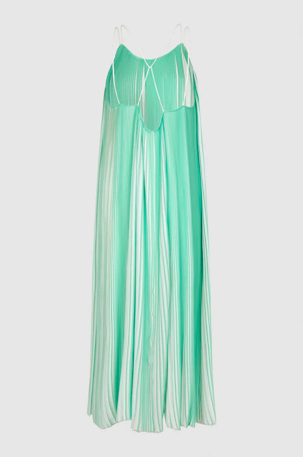 Green and white plisse swing dress with thin double white straps that cross over at the back long midi length