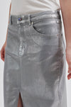 Silver denim midi skirt with front split