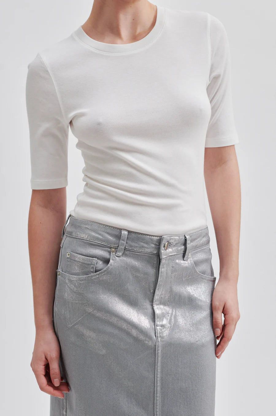 Silver denim midi skirt with front split