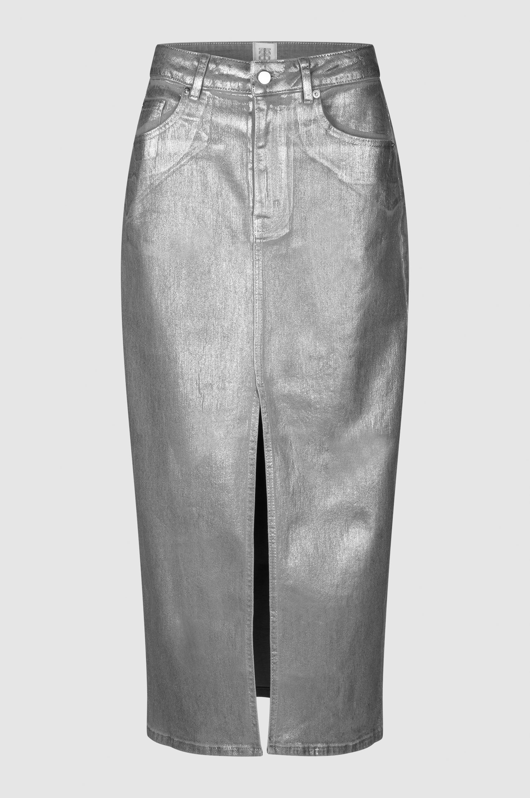 Silver denim midi skirt with front split