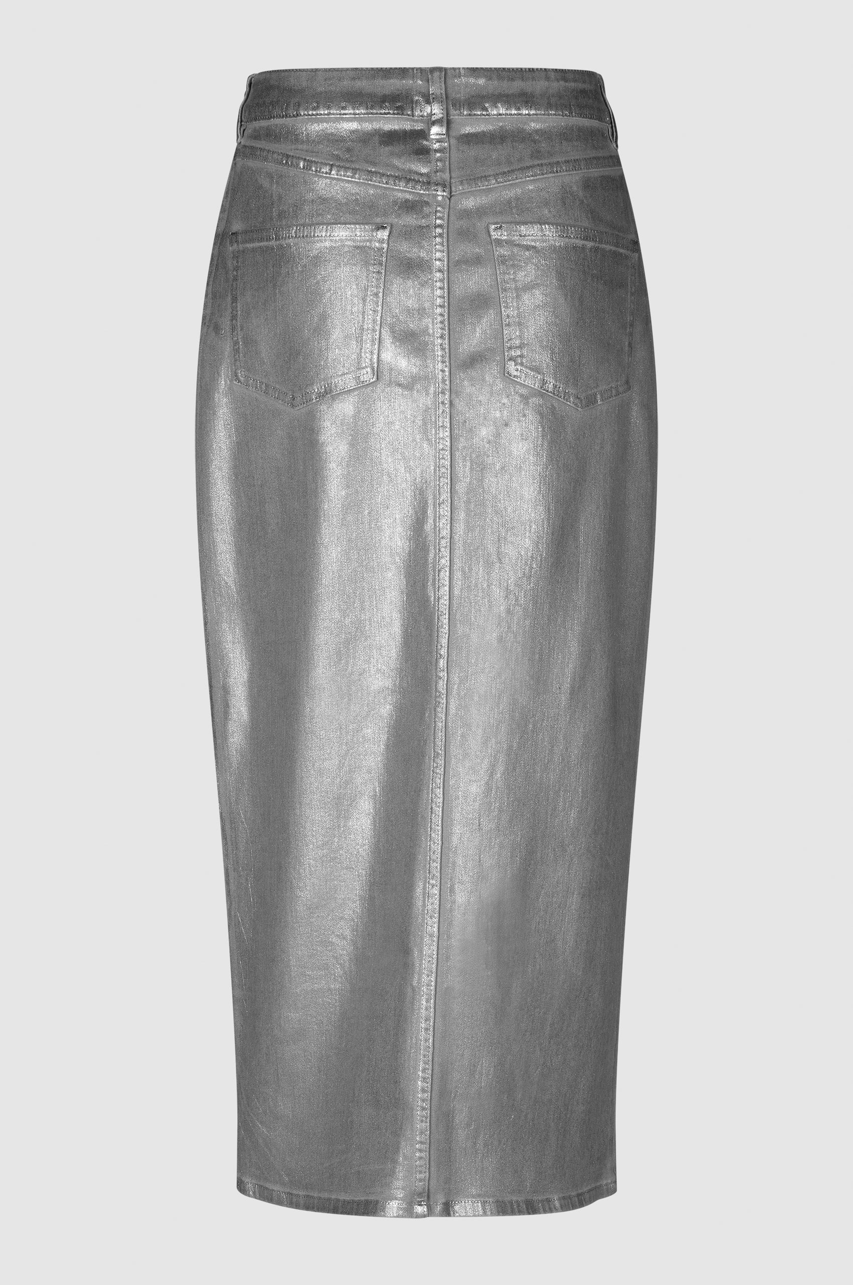 Silver denim midi skirt with front split