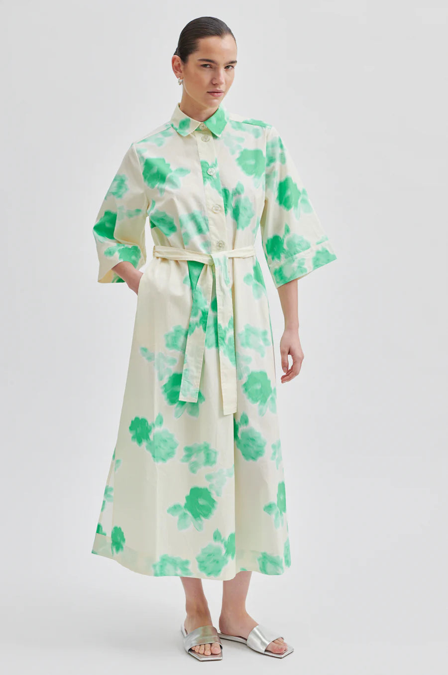 Midi shirt dress in ecru with spearmint floral print half placket and classic collar with elbow length sleeves