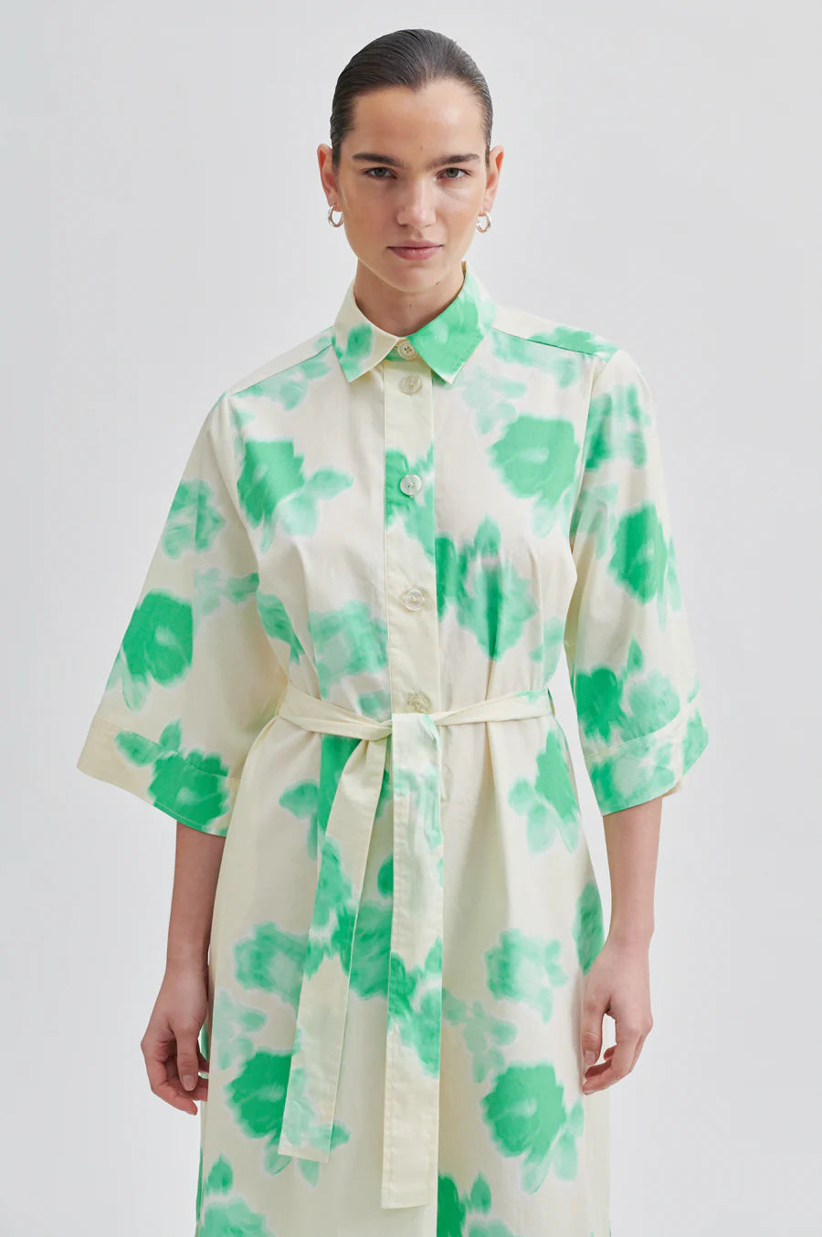 Midi shirt dress in ecru with spearmint floral print half placket and classic collar with elbow length sleeves