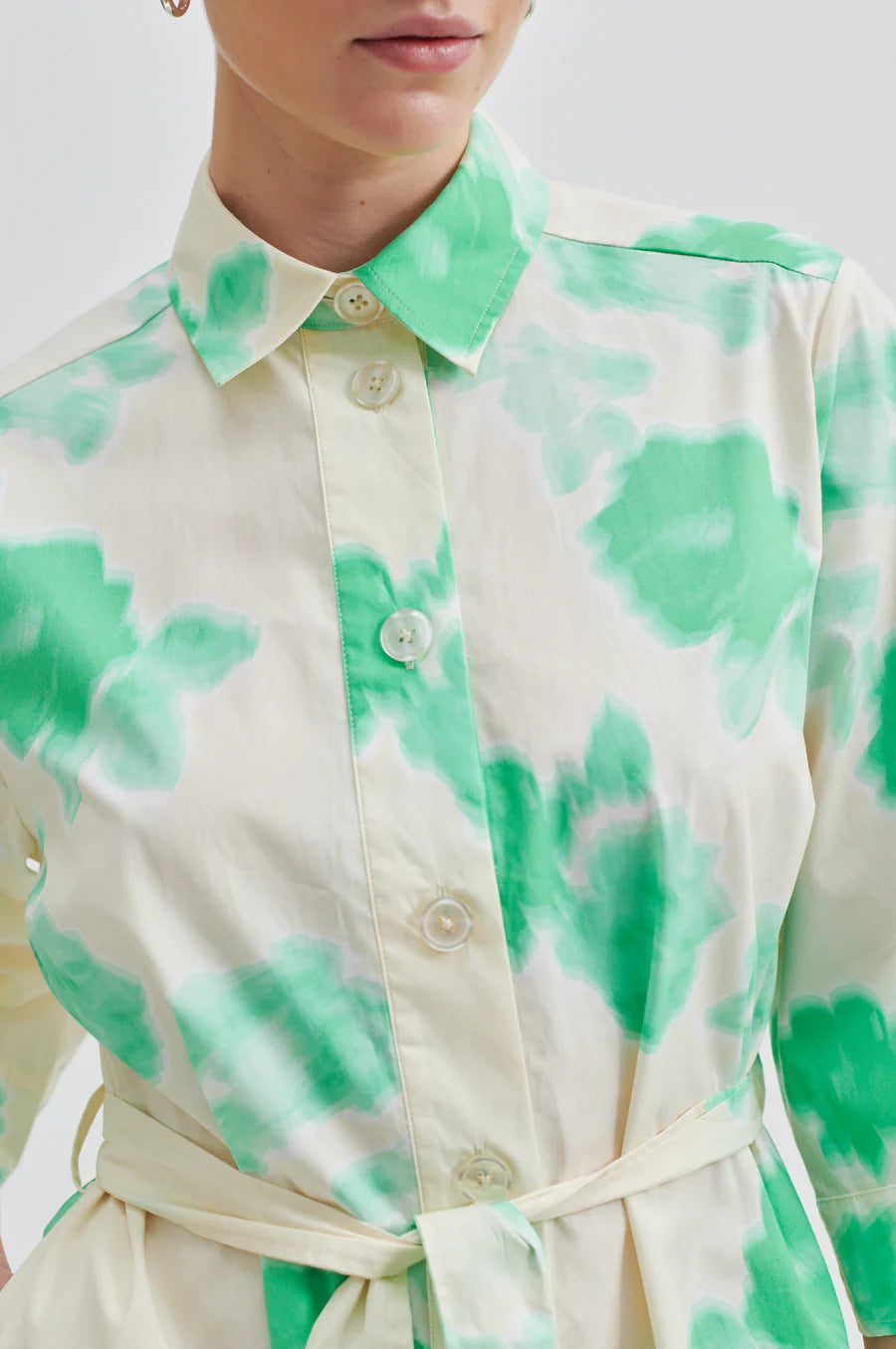 Midi shirt dress in ecru with spearmint floral print half placket and classic collar with elbow length sleeves