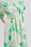 Midi shirt dress in ecru with spearmint floral print half placket and classic collar with elbow length sleeves