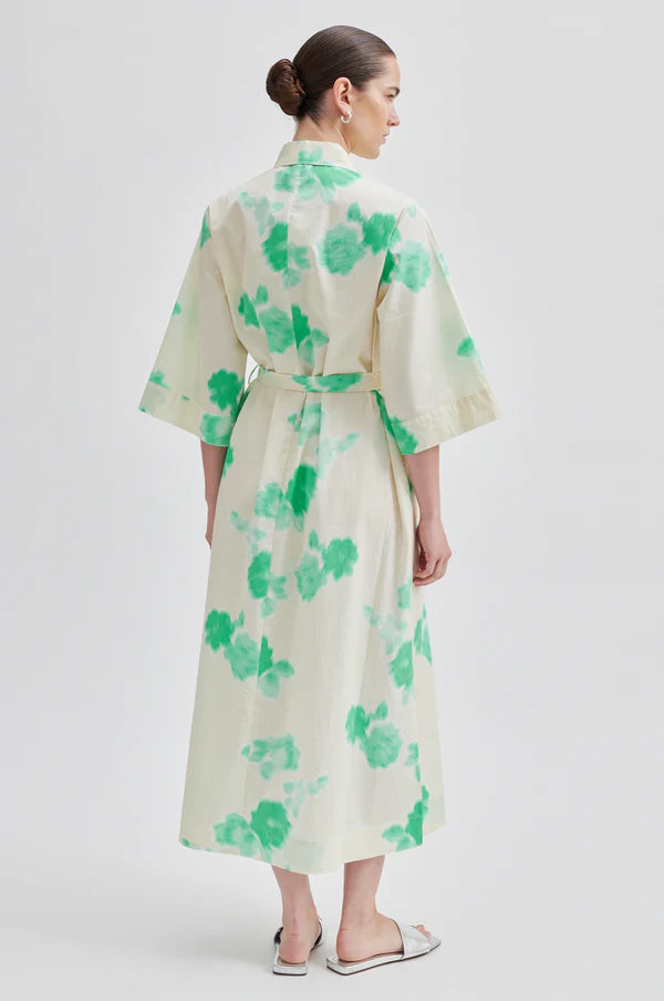 Midi shirt dress in ecru with spearmint floral print half placket and classic collar with elbow length sleeves