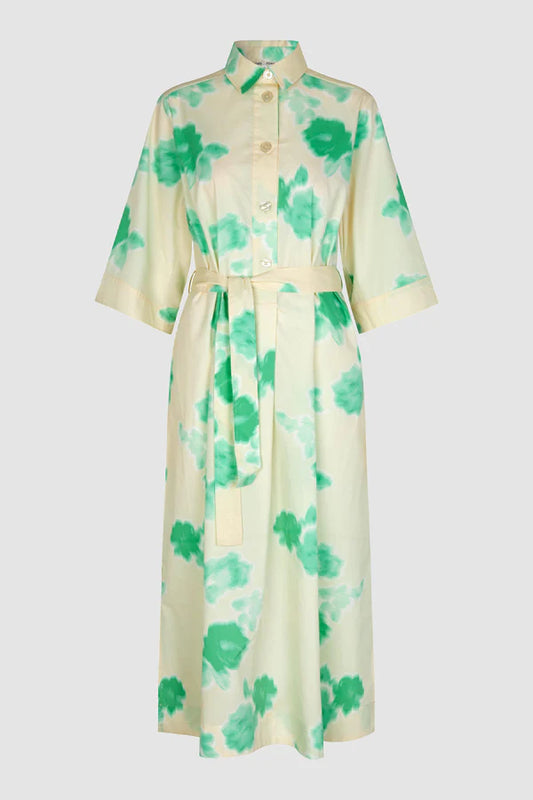 Midi shirt dress in ecru with spearmint floral print half placket and classic collar with elbow length sleeves