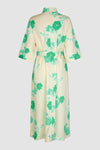 Midi shirt dress in ecru with spearmint floral print half placket and classic collar with elbow length sleeves
