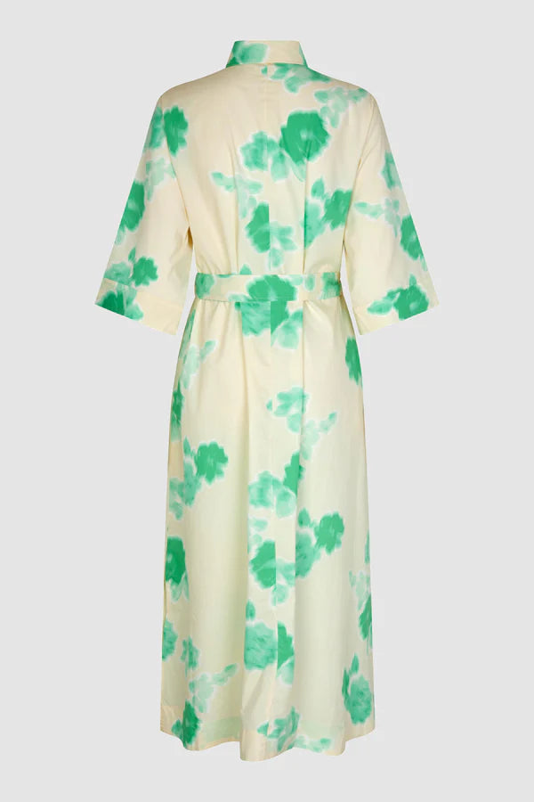 Midi shirt dress in ecru with spearmint floral print half placket and classic collar with elbow length sleeves