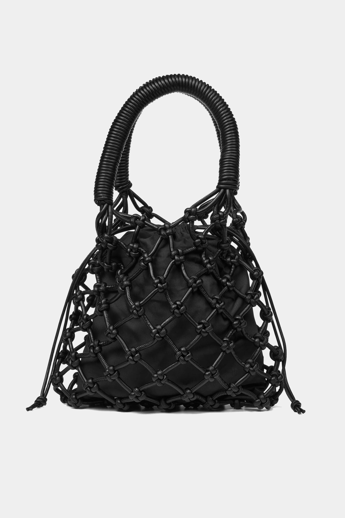 Black crochet bag with a cotton liner