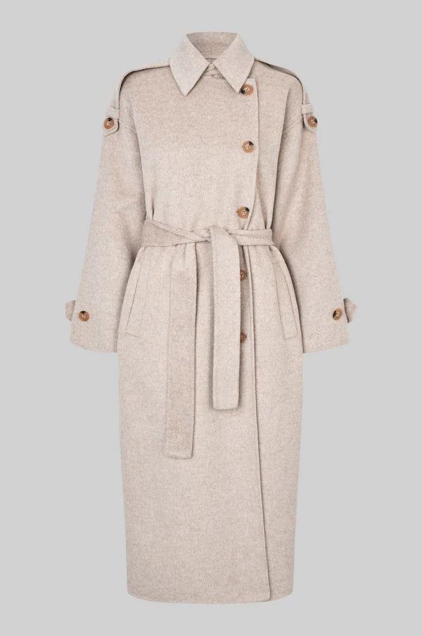 Beige wool double breasted coat with tie waist, asymmetric button fastening and side pockets