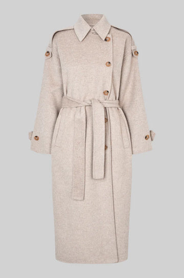 Beige wool double breasted coat with tie waist, asymmetric button fastening and side pockets