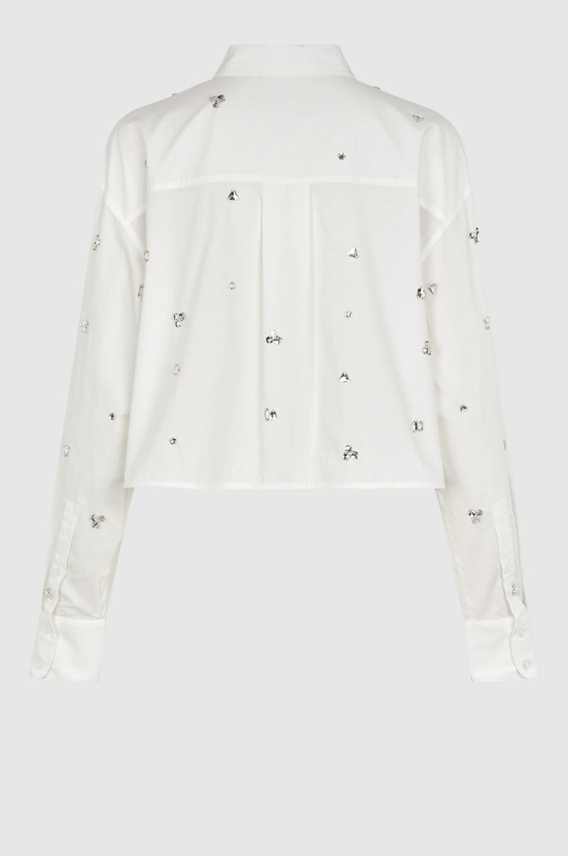 Cropped boxy white long sleeved shirt with scattered sewn on chunky gems