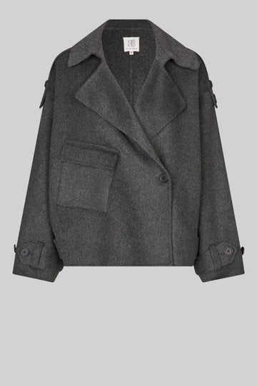 dark grey short jacket with asymmetric button and one side patch pocket