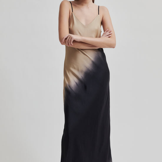 thin strap maxi length viscose slip dress with black and beige two tone design