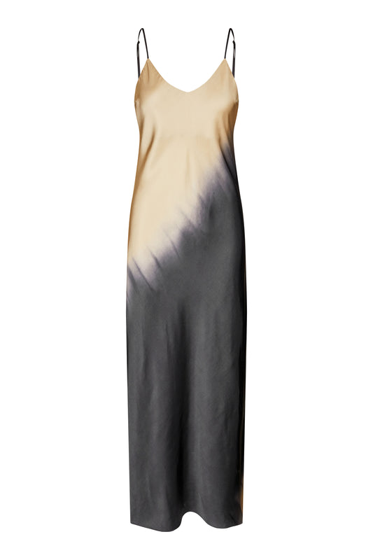 thin strap maxi length viscose slip dress with black and beige two tone design