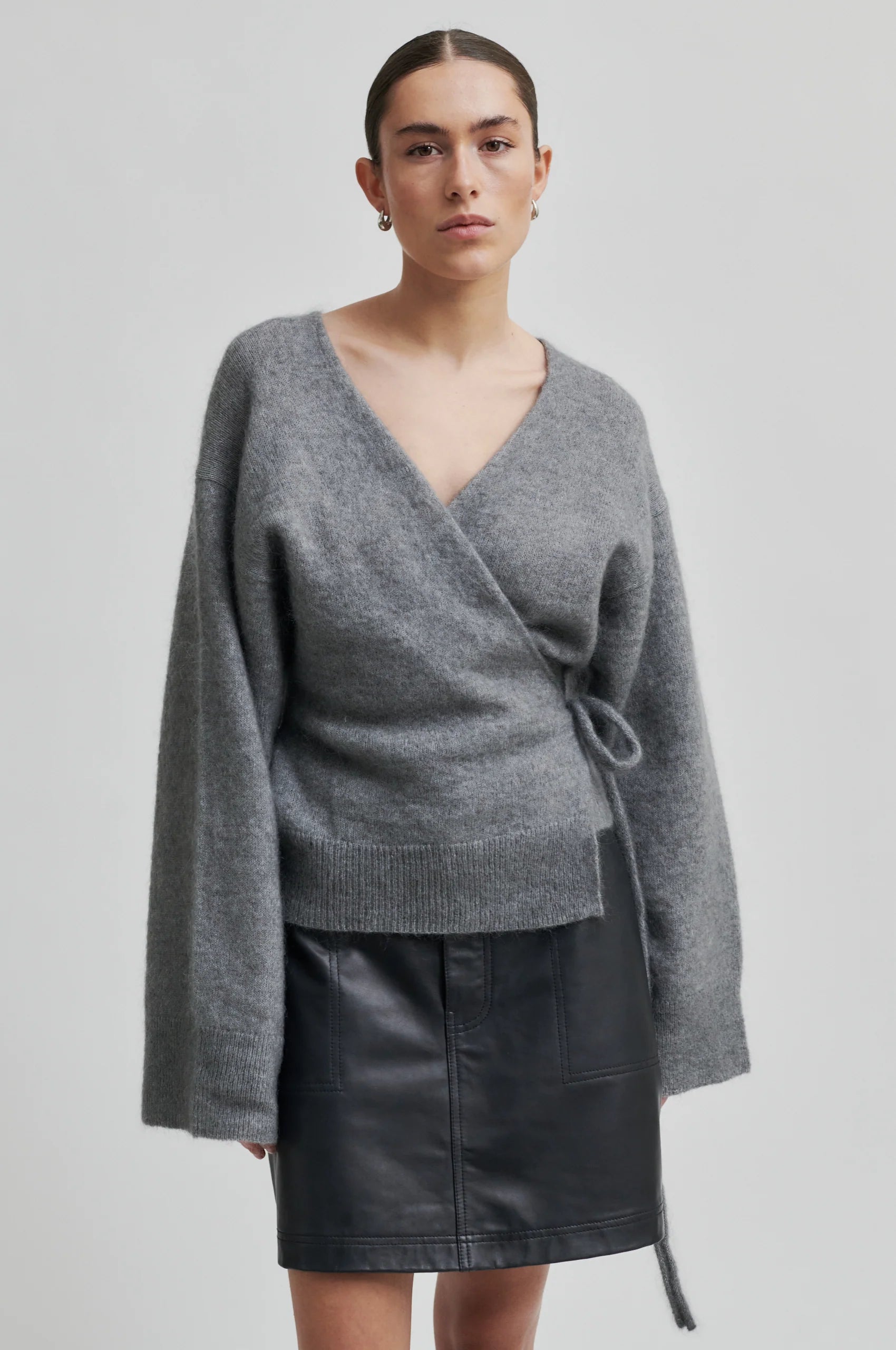 grey v neck wrap cardigan model shot