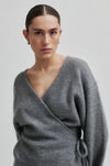 grey v neck wrap cardigan close up