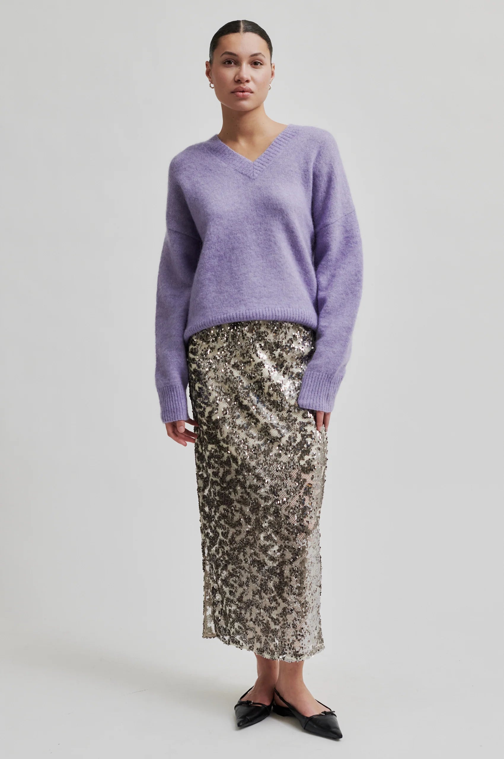 sequin skirt styled with lilac jumper