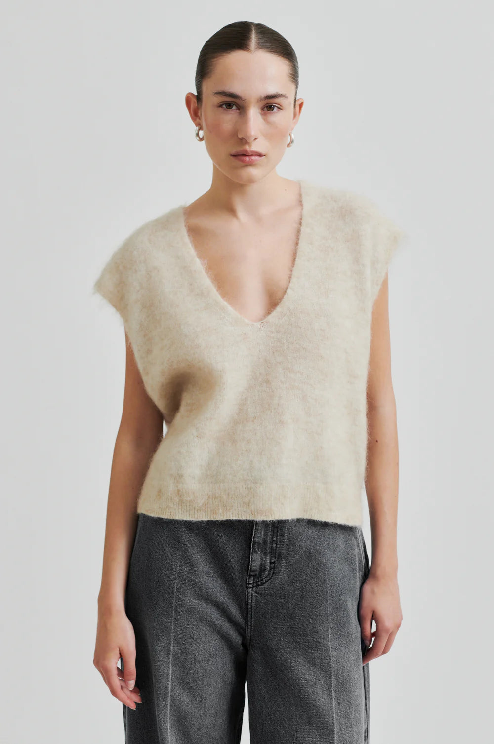 stretchy mohair blend v neck sleeveless vest in sand model shot